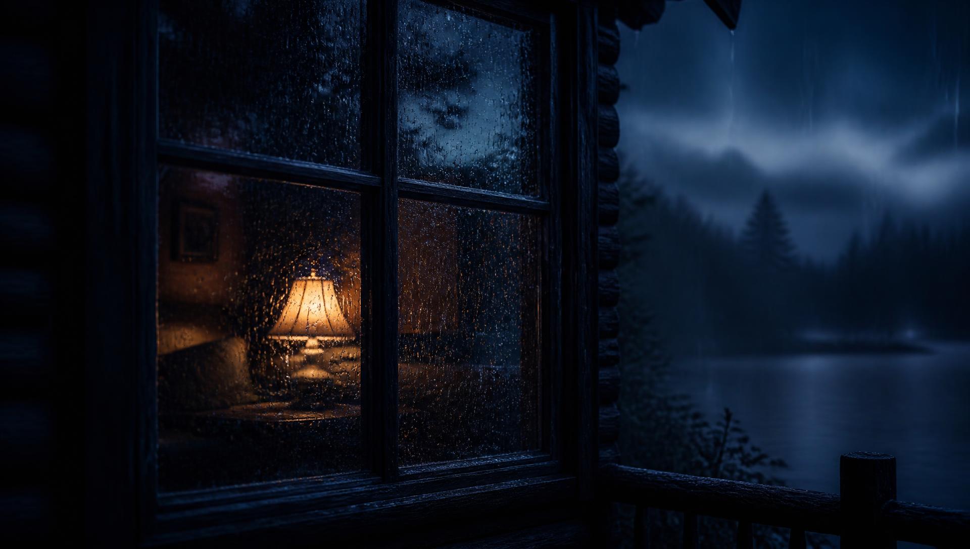 Rain running down a dark cabin window with a warm lamp glowing inside